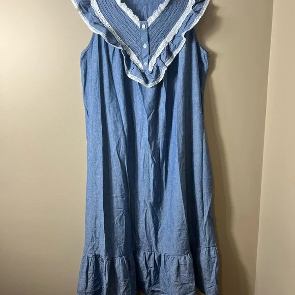 Vintage Prairie Cottagecore‎ Cotton Dress Sleeveless Ruffle Trim Lace Bib Yoke L - Picture 6 of 6